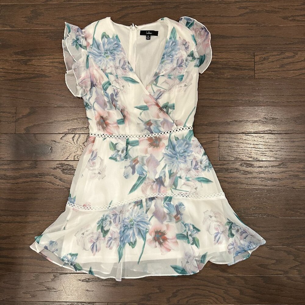 Lulus Floral Wrap Mini Dress Size XS Pastel Chiffon Flutter Sleeve